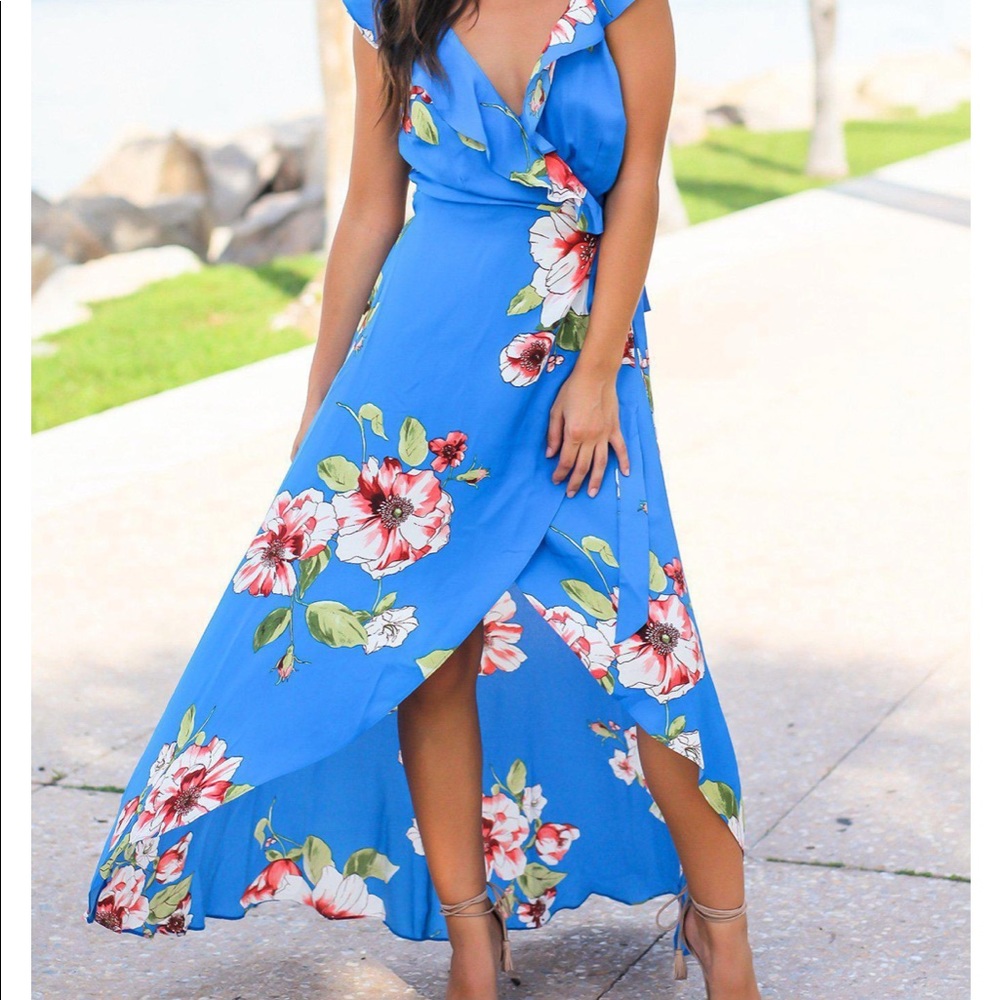 Blue high-low wrap dress